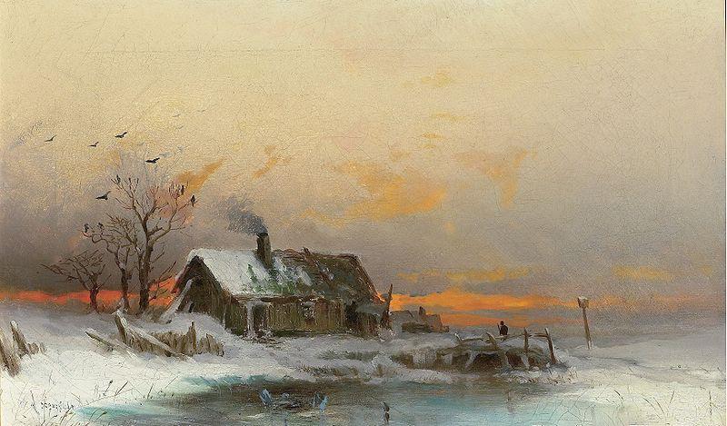 wilhelm von gegerfelt Winter picture with cabin at a river oil painting image